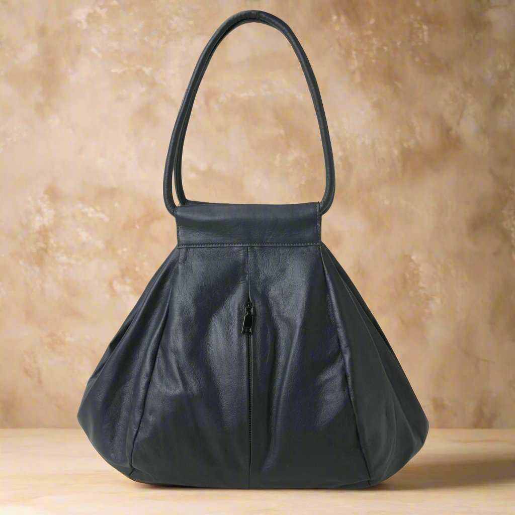 Genuine leather slouchy bag, dark color, stylish and versatile design.