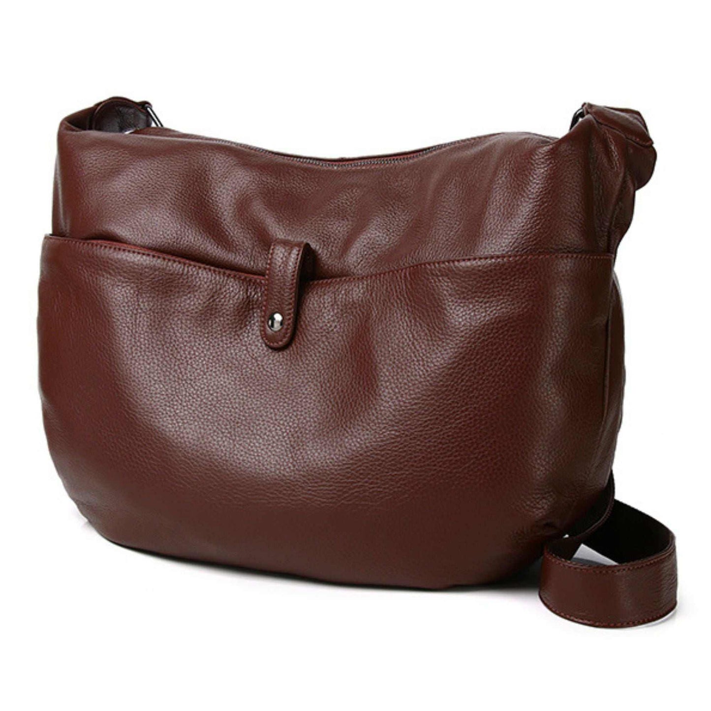 Women's slouchy leather handbag in brown with spacious design and stylish casual charm.