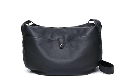 Slouchy leather handbag in black with spacious design and elegant style.