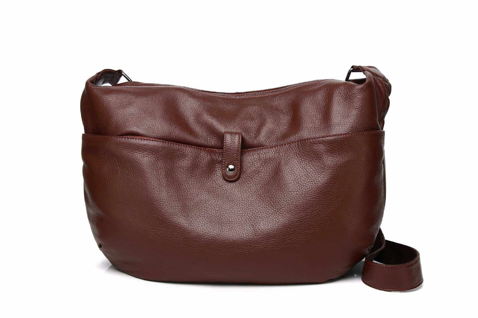 Slouchy leather handbag with a spacious, casual design in rich brown leather, featuring an exterior snap pocket and adjustable strap.