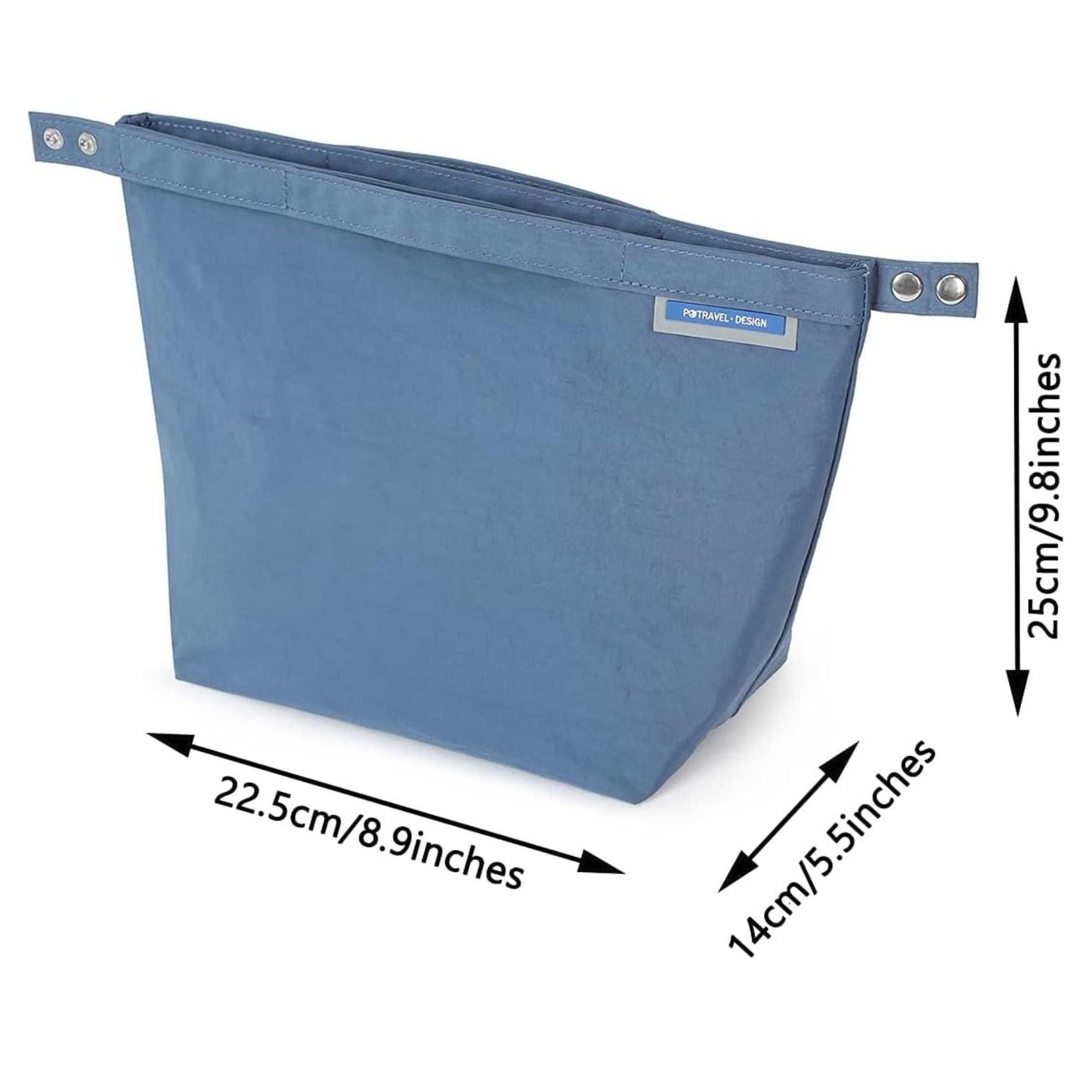 Small blue lunch bag with thermal insulation, portable design, and dimensions of 8.9" L x 5.5" W x 9.8" H.