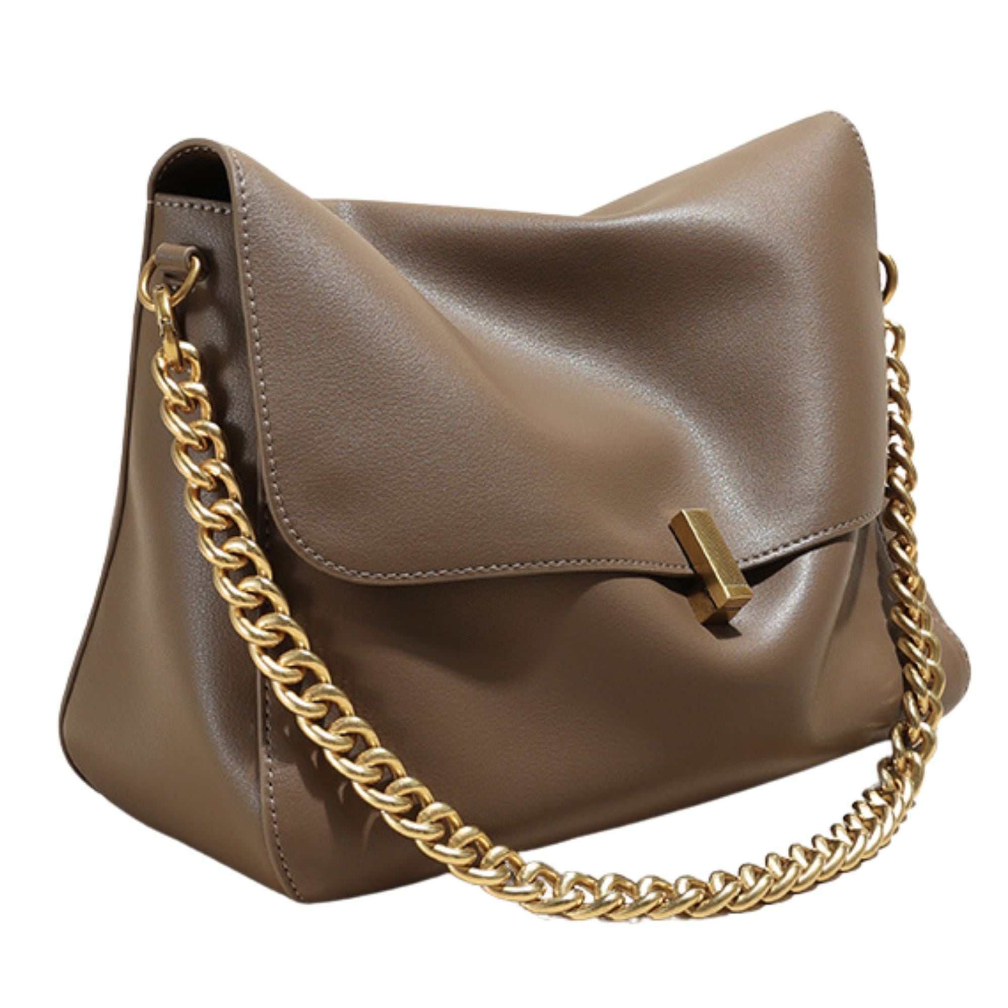 Small Messenger Purse with gold chain strap, crafted from genuine leather for versatile style and functionality.