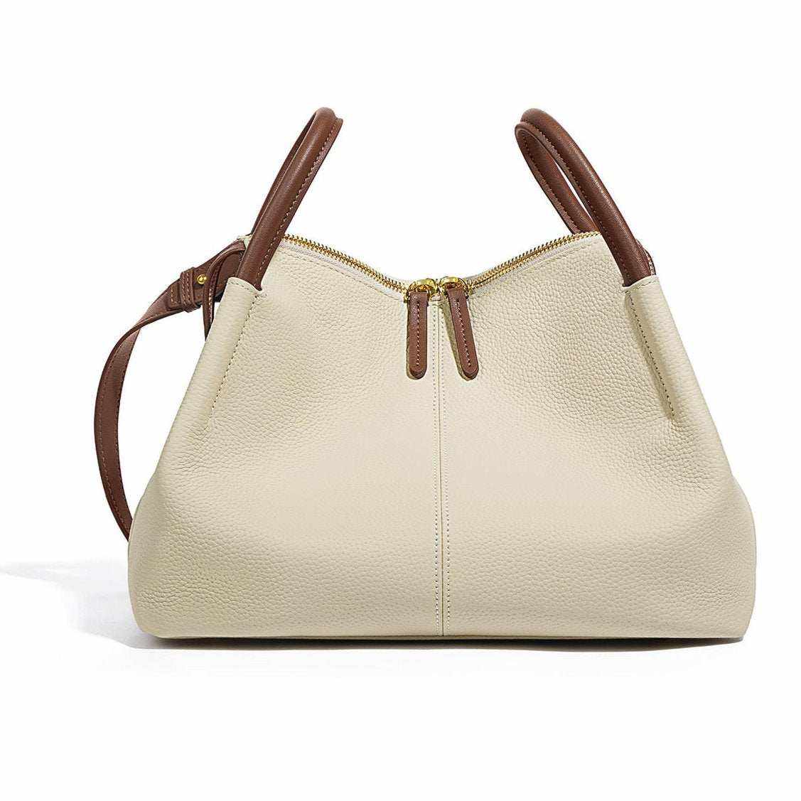 Soft leather crossbody bag with dual handles and removable straps in off-white color.