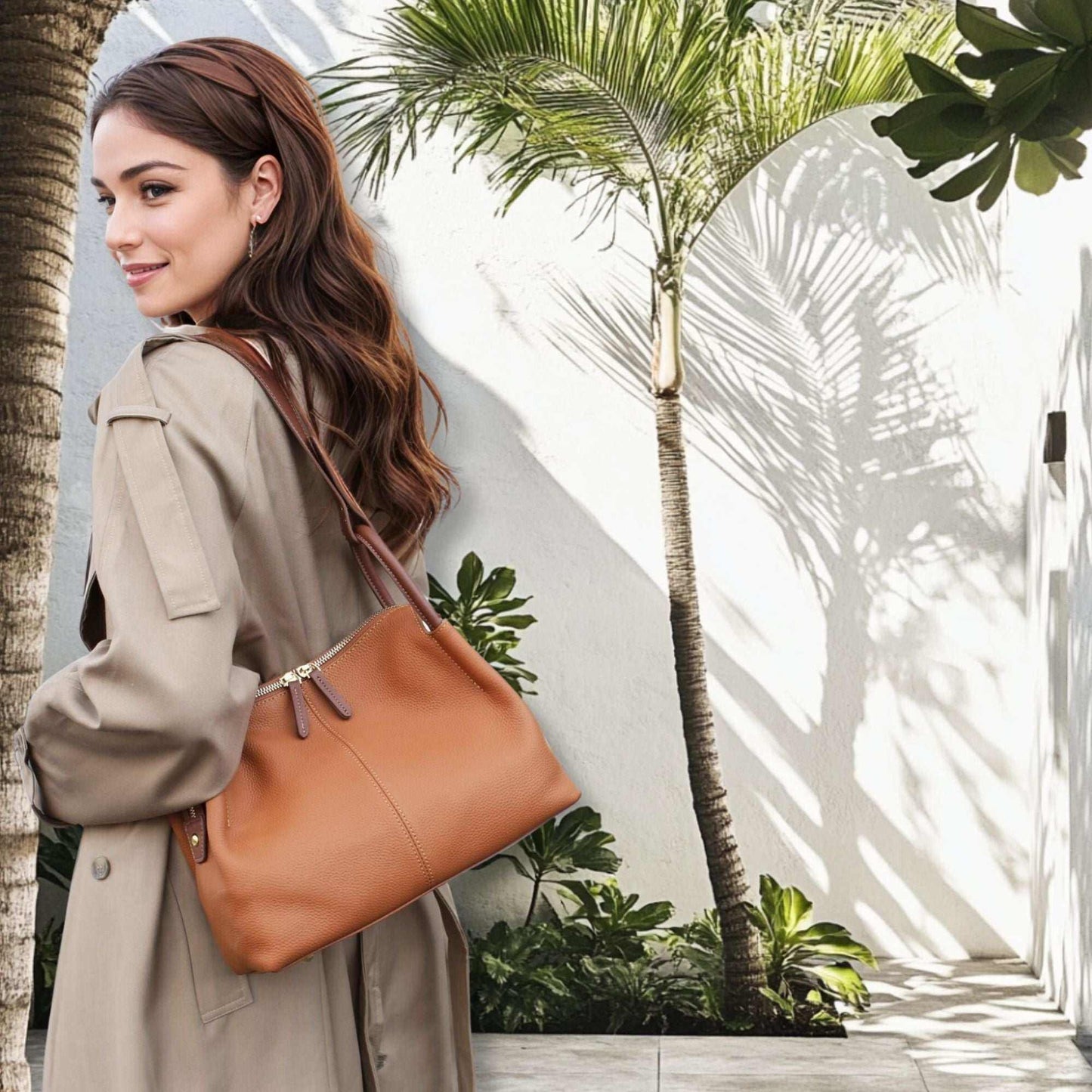 Woman carrying a soft leather crossbody bag in a stylish outdoor setting.