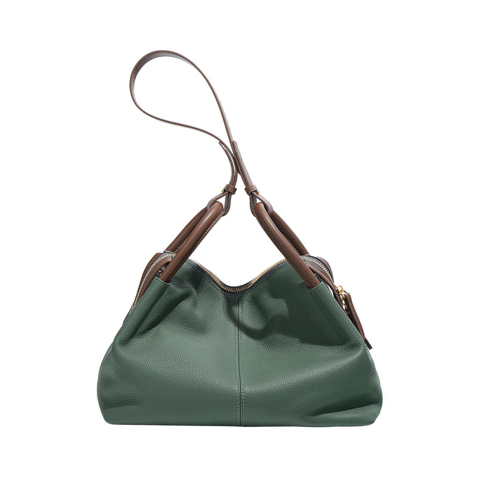 Green soft leather crossbody bag with brown handles and strap, versatile and stylish accessory.