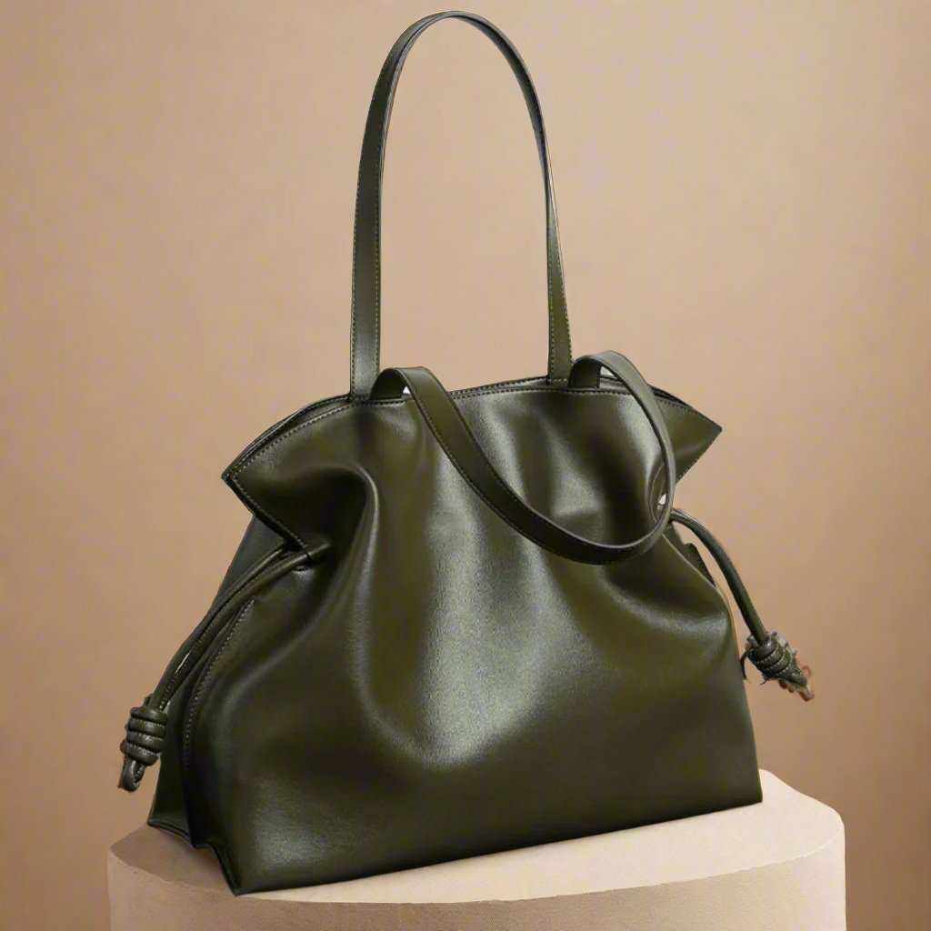 Soft Leather Tote with pleated exterior and drawstring, green color, Essence of Elegance Collection.