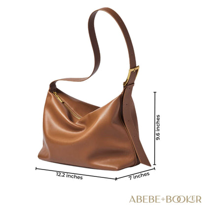 Softest Leather Handbags in caramel, dimensions labeled, premium craftsmanship.