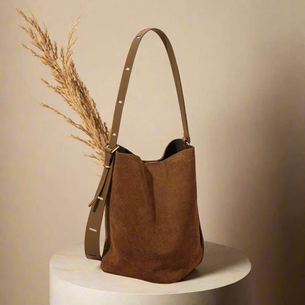 Suede Bucket Bag with convertible design and genuine leather accents