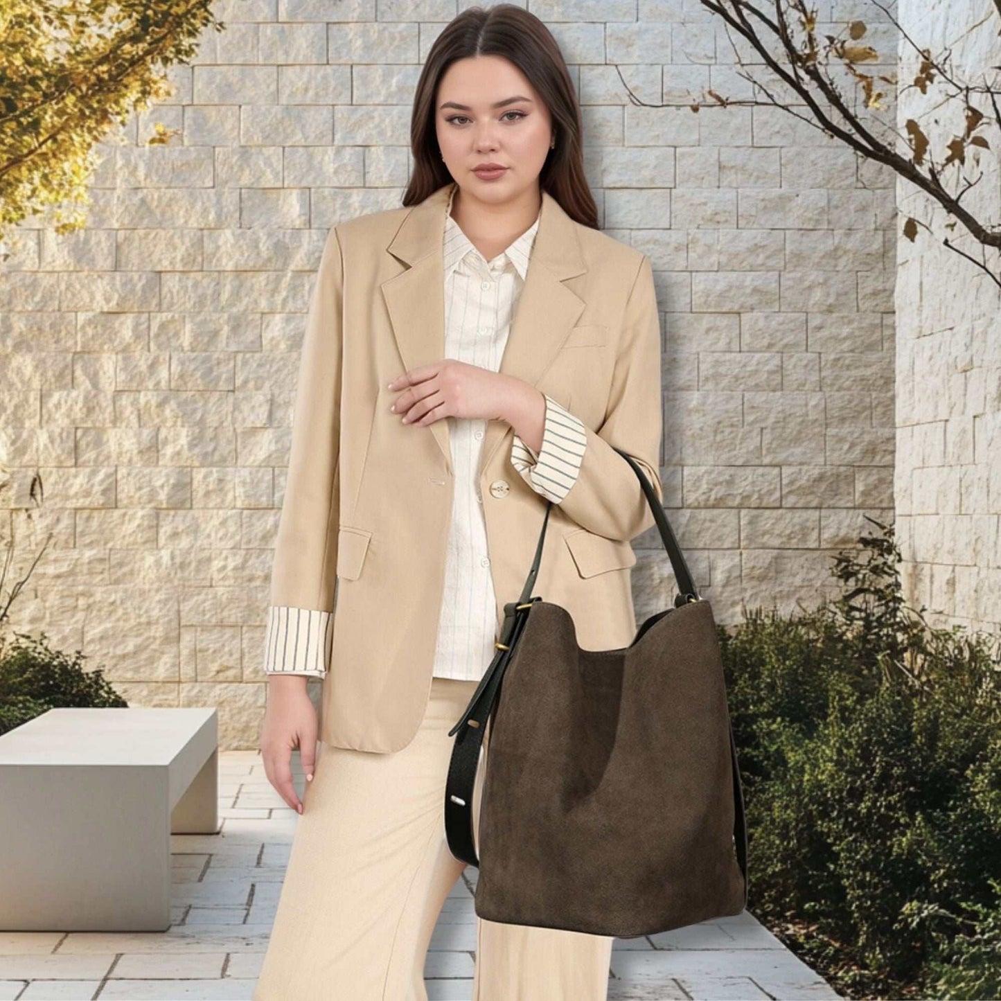 Woman holding a versatile suede bucket bag in outdoor setting.