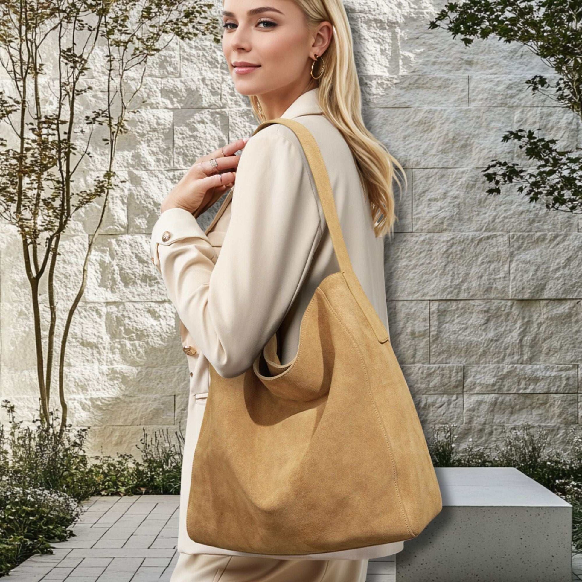 Tan suede slouch bag with single-shoulder design, worn by a woman in an outdoor setting.