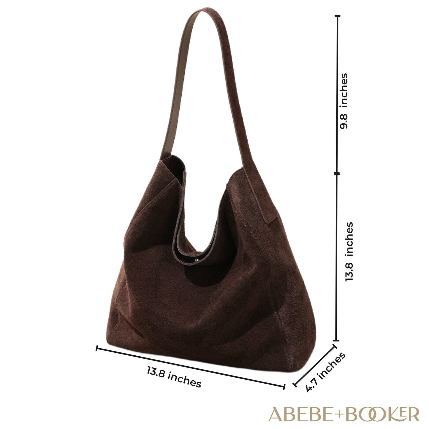 Suede Slouch Bag with reinforced shoulder strap and spacious interior, 13.8" x 13.8" x 4.7" dimensions, ideal for versatile style.