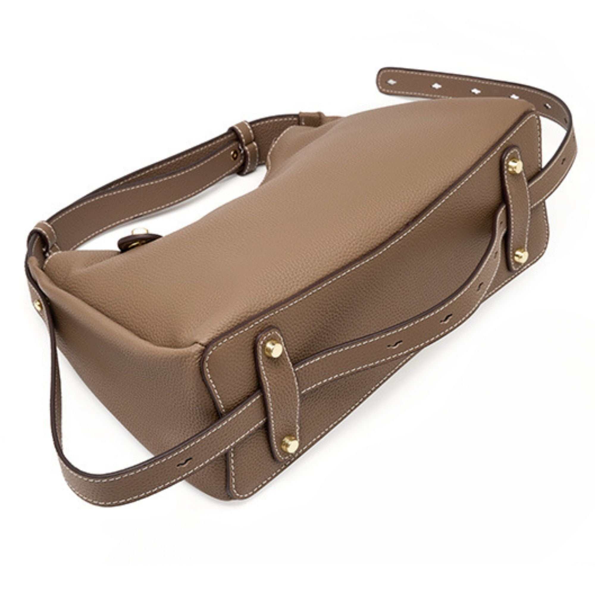 Trapezoid leather crossbody handbag in light brown, with adjustable strap
