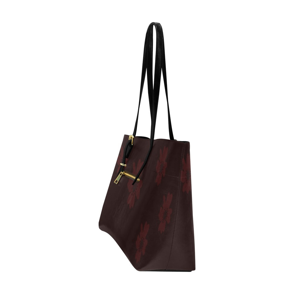 Vegan Leather Floral Handbag, Burgundy Aster