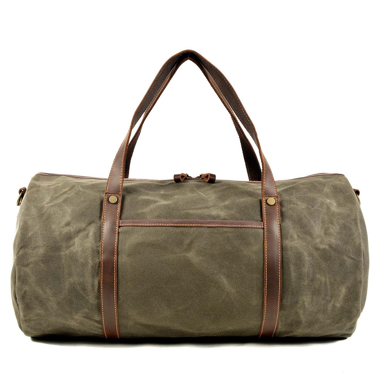 Waxed canvas duffle bag with genuine leather handles, vintage style.