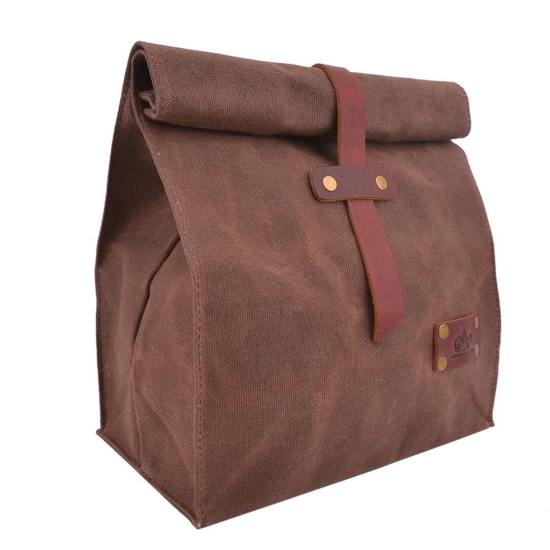 Waxed Canvas Leather Lunch Bag, Coffee