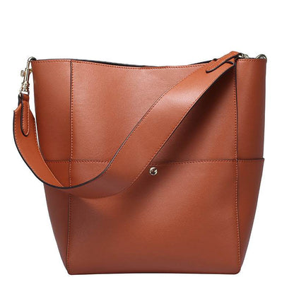 Genuine leather women's bucket bag with removable shoulder strap and multiple pockets.