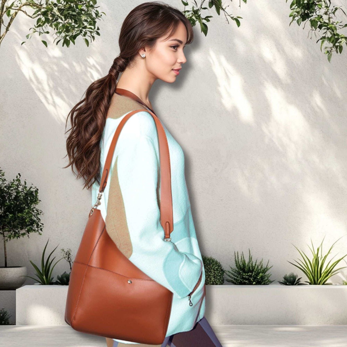 Womens bucket bag in genuine leather, stylish and practical design, with reinforced shoulder strap.