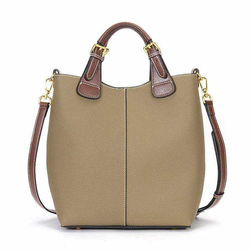 Women's Leather Crossbody Purse in khaki with adjustable straps and gold hardware.