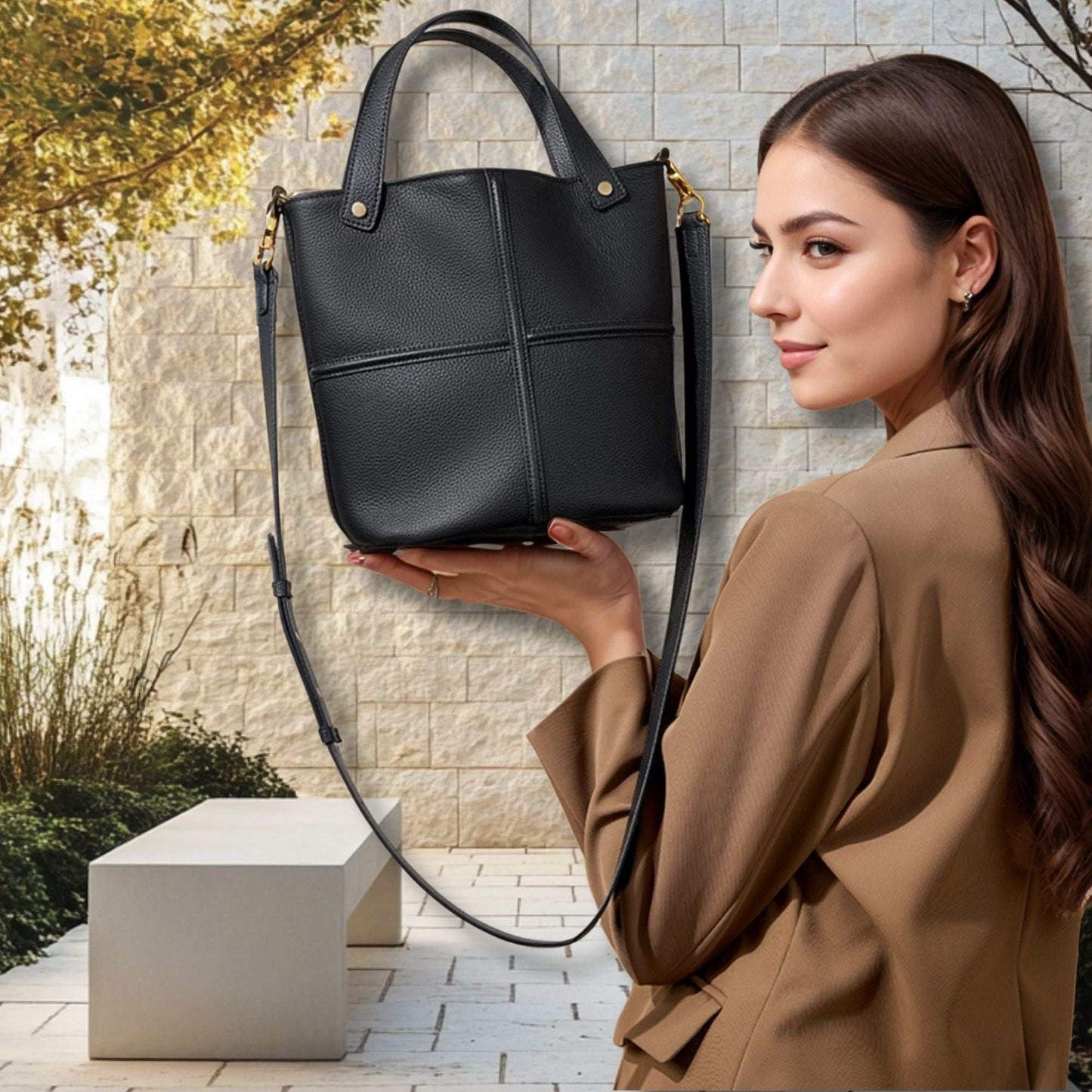 Elegant black women's leather work bag with versatile design and spacious interior, ideal for professionals and commuters.