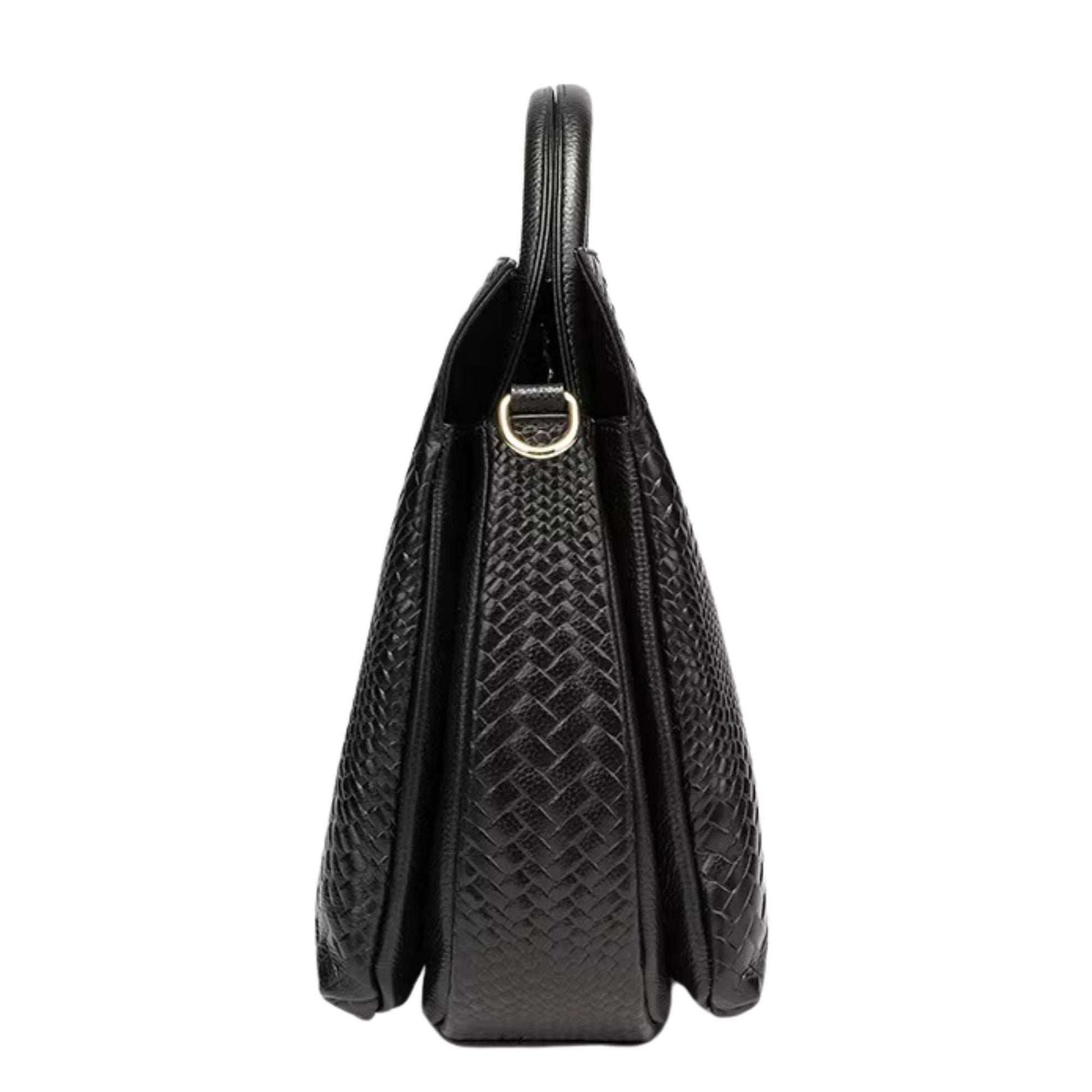 Side view of a black woven leather handbag with elegant pattern and gold accents.