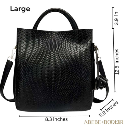 Woven Leather Handbag in black with a large, elegant woven pattern, showcasing versatile design for shoulder, crossbody, and handbag use.