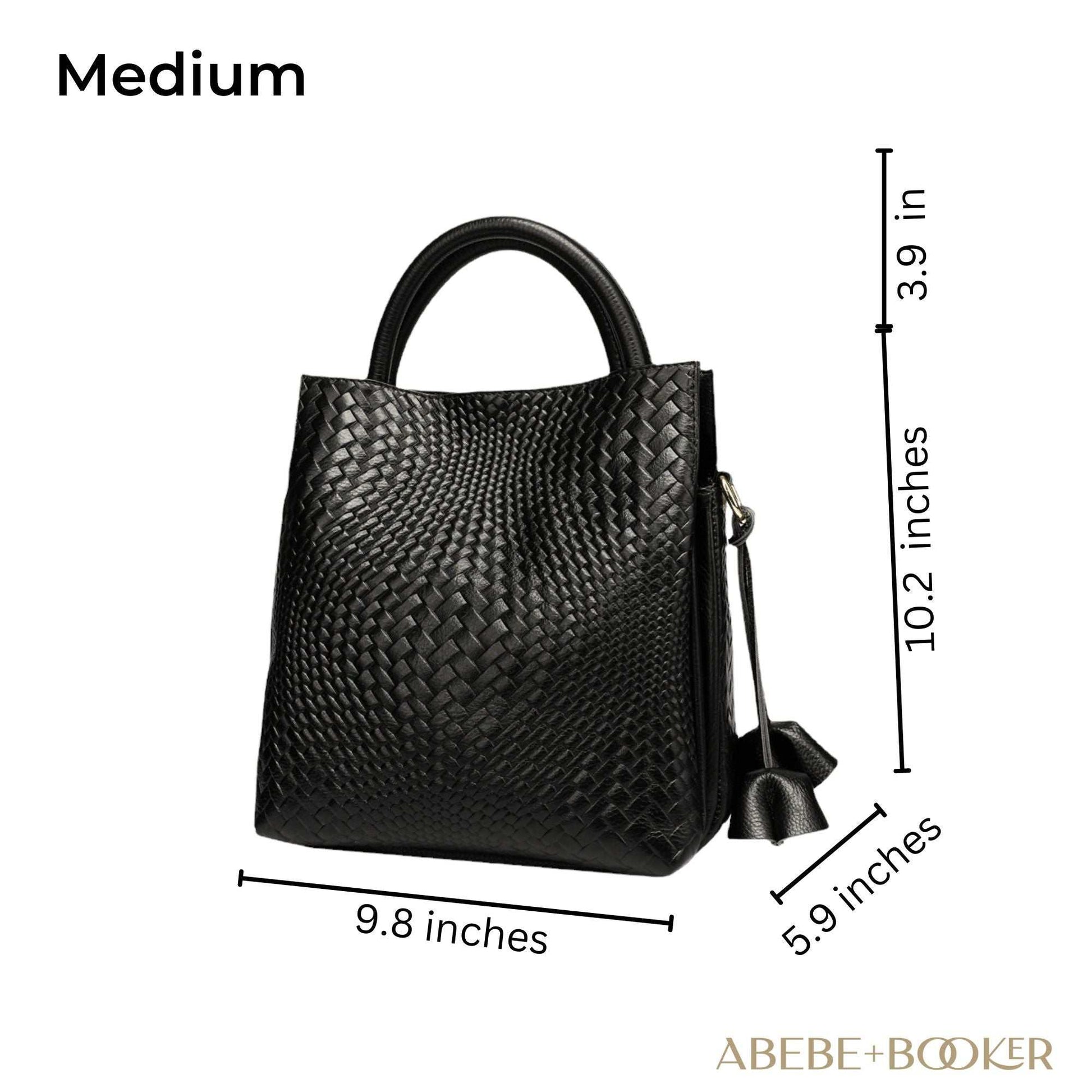 Woven Leather Handbag in medium size with dimensions 9.8" x 10.2" x 5.9", featuring an elegant woven pattern, genuine leather.