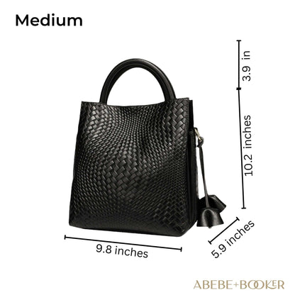 Woven Leather Handbag in medium size with dimensions 9.8" x 10.2" x 5.9", featuring an elegant woven pattern, genuine leather.