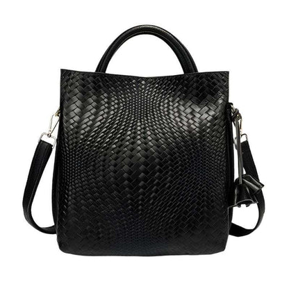 Black woven leather handbag with shoulder strap and handle, intricate design, part of Essence of Elegance Handbag Collection.