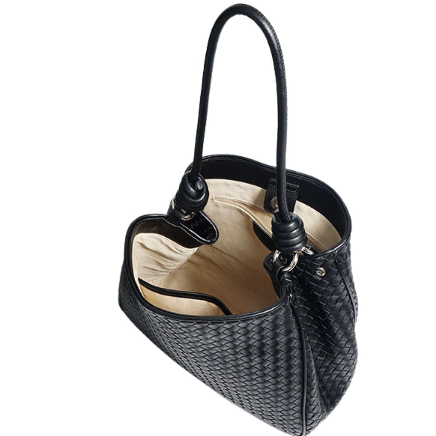 Black woven leather tote bag with spacious interior and leather rod handles.