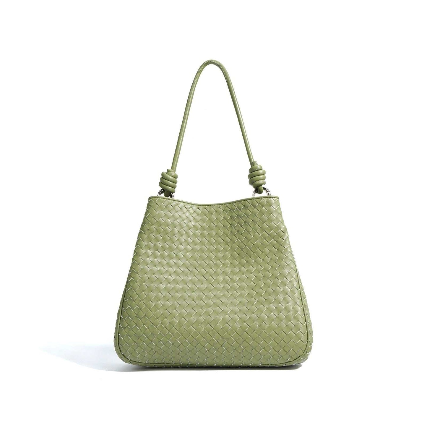 Woven leather tote bag in matcha green with a basket weave design and leather rod handles.