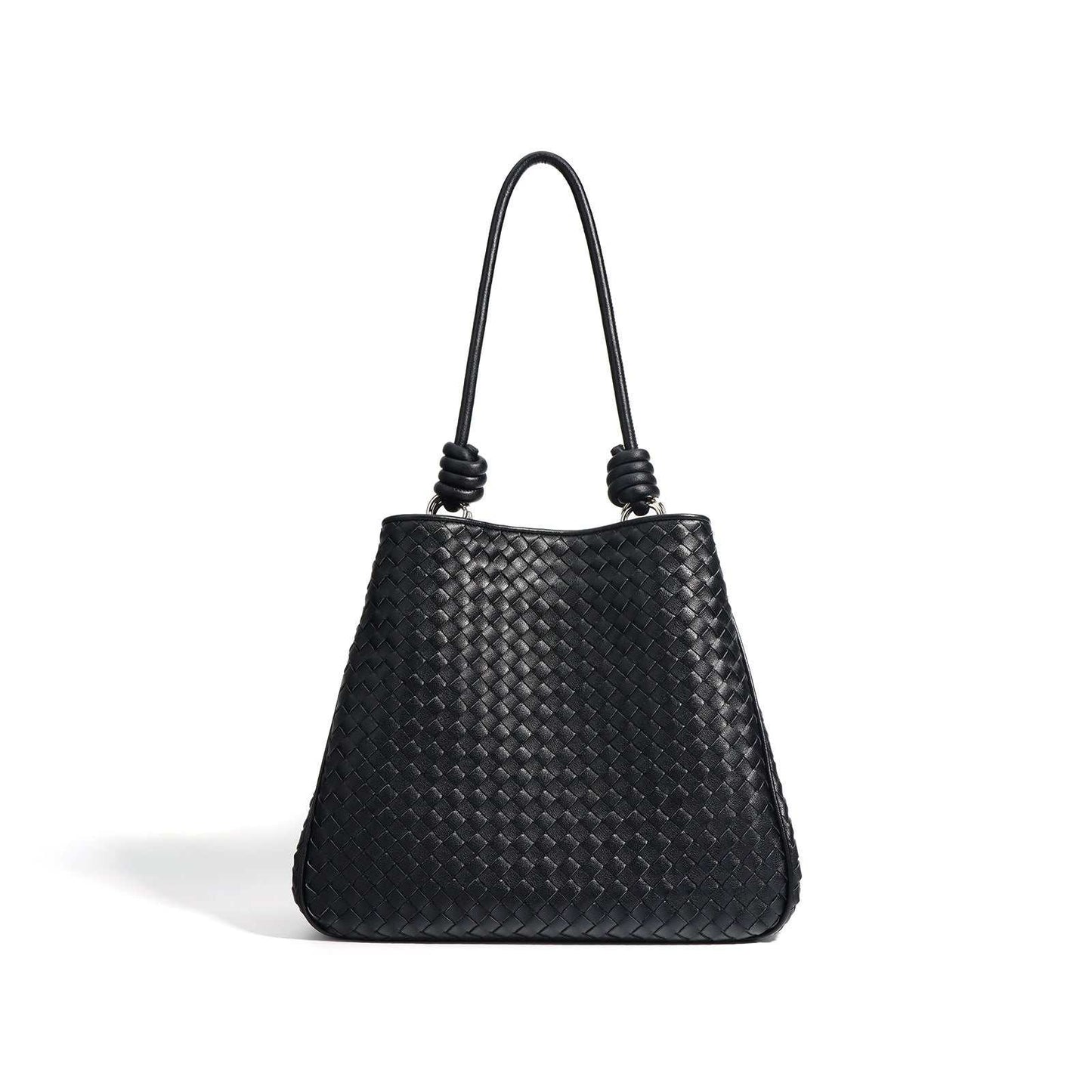 Woven Leather Tote Bag in black, featuring a basket weave design and leather rod handles, part of the Essence of Elegance Handbag Collection.