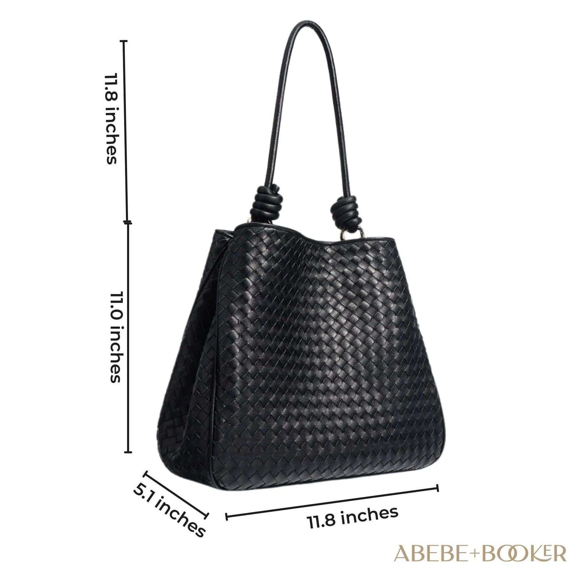 Woven Leather Tote Bag with basket weave design and leather rod handles, measuring 11.8 x 11.0 x 5.1 inches, in black.