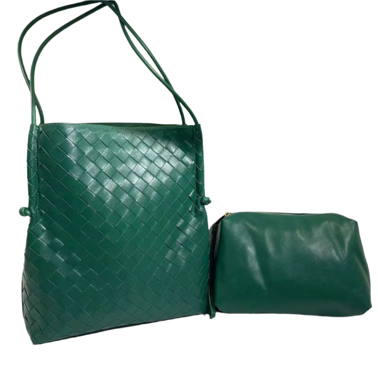 Woven leather tote handbag with embossed pattern and removable interior bag, green.