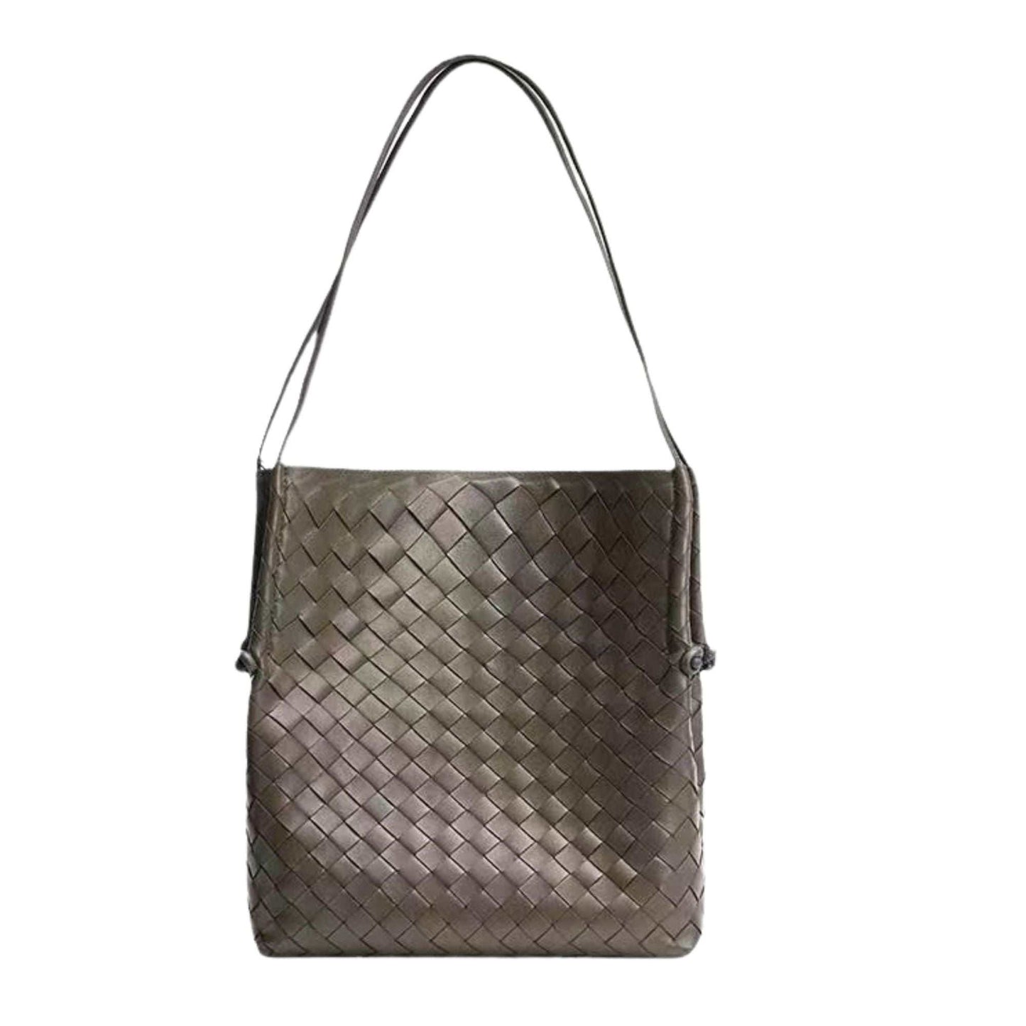 Woven leather tote handbag with a spacious and elegant design.