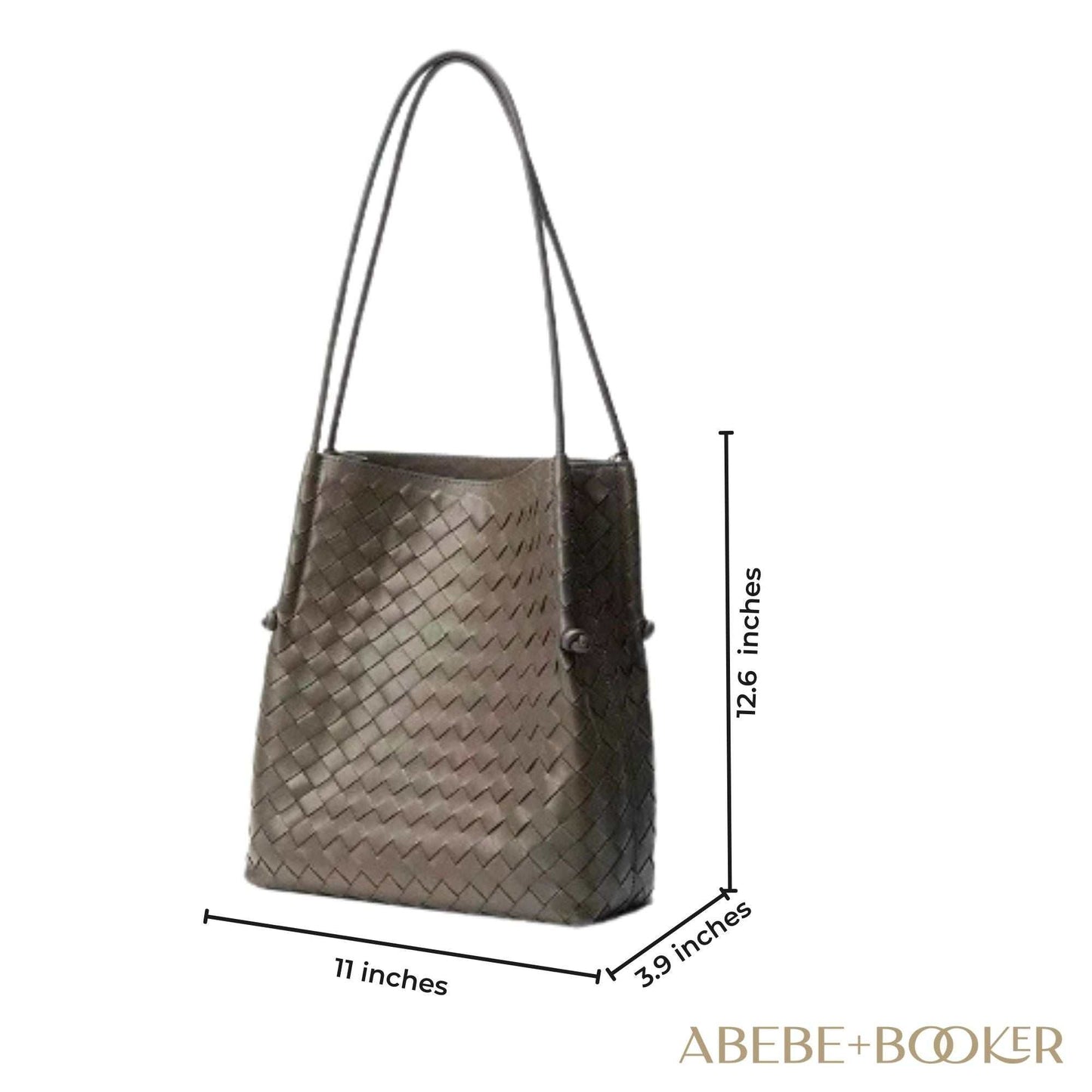 Woven leather tote handbag with embossed pattern and long handles, measuring 12.6" x 11" x 3.9".