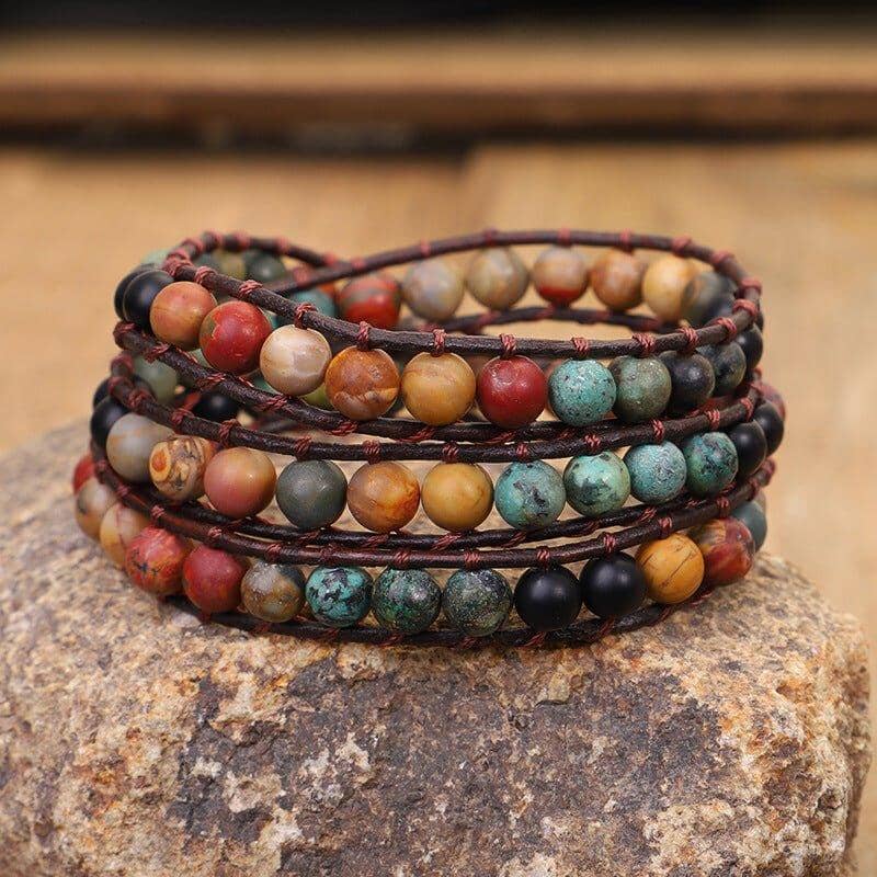 African Turquoise Stone Leather Bracelet - Abebe+Booker
