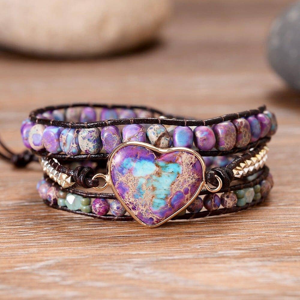 Purple Stone Leather  Handmade Beaded Bracelet