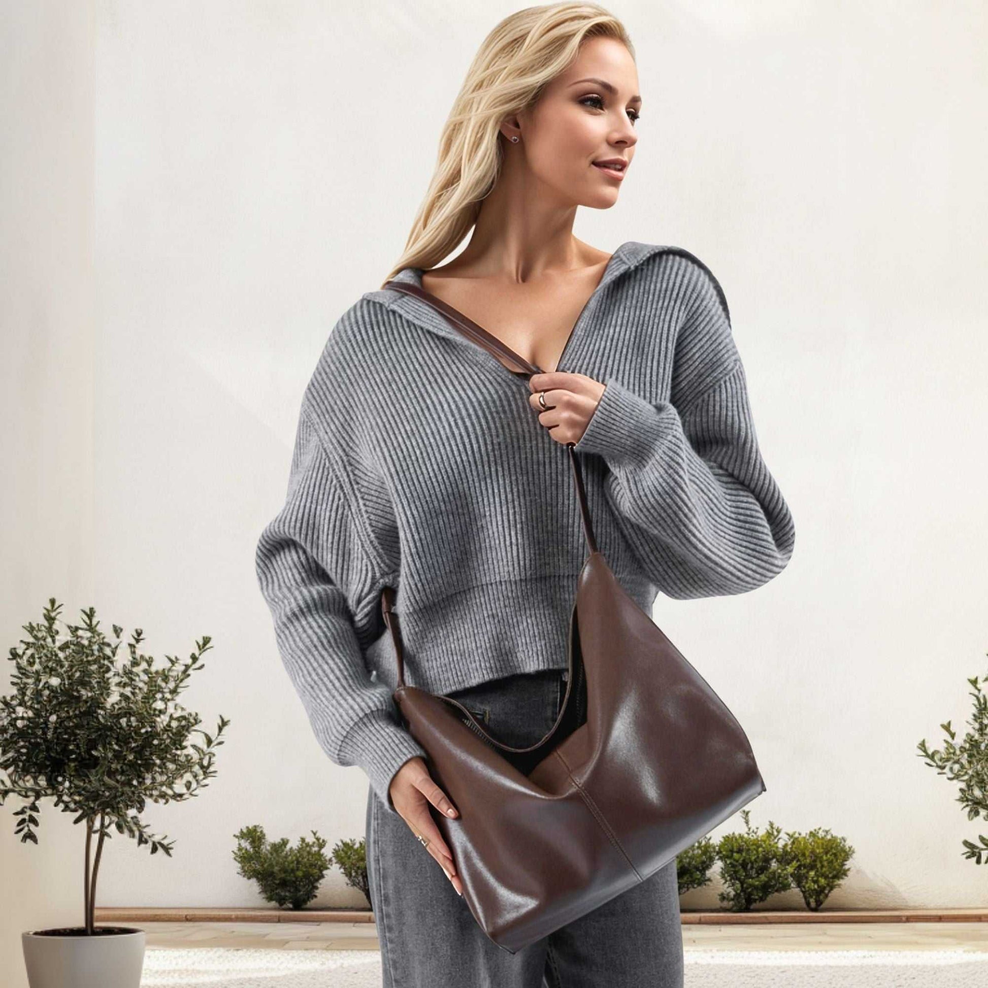 Woman holding slouchy leather purse in brown, wearing a cozy gray sweater.